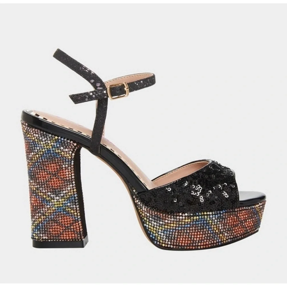 Betsey Johnson Alaia Black Plaid Sequin Crystal Platform Heels Sz. 6 BNIB